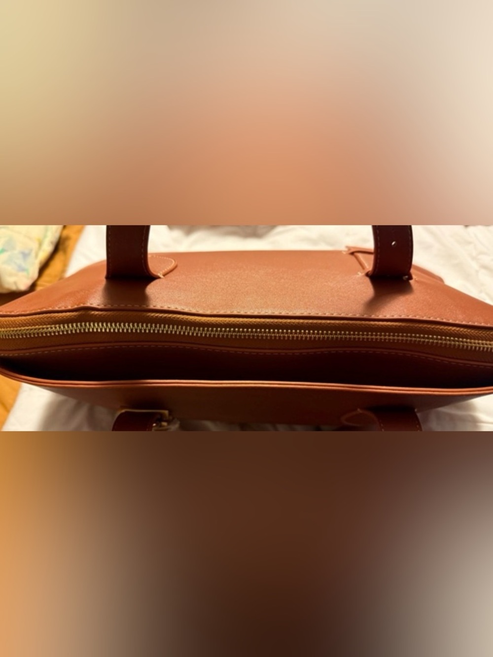 Fashionable Low Key Cognac Top-Handle Bag with Gold Lock - Picture 3 of 7